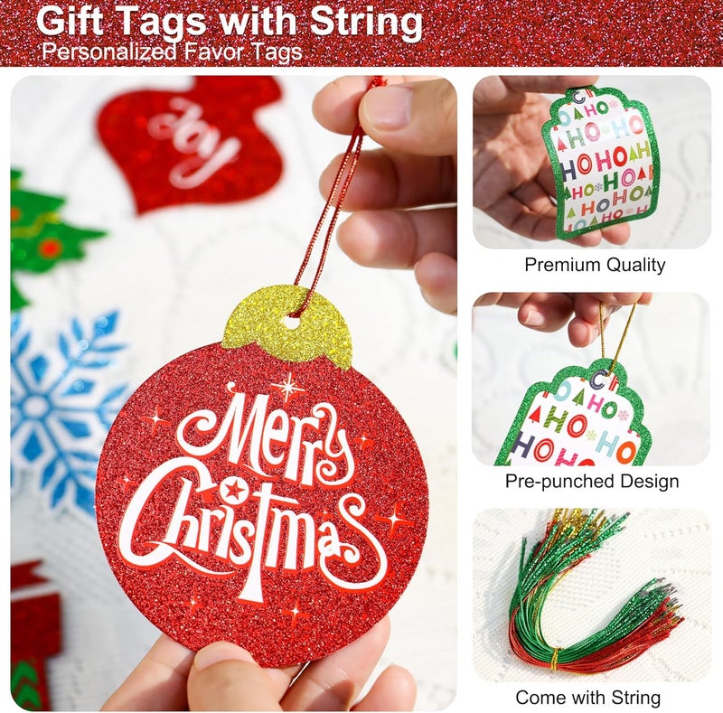 Giiffu 80-Pack Christmas Gift Tags with Untied Strings – 20 Glitter Designs, 3.5-Inch Holiday Name Tags & Labels for DIY Wrapping and Presents - Image 3